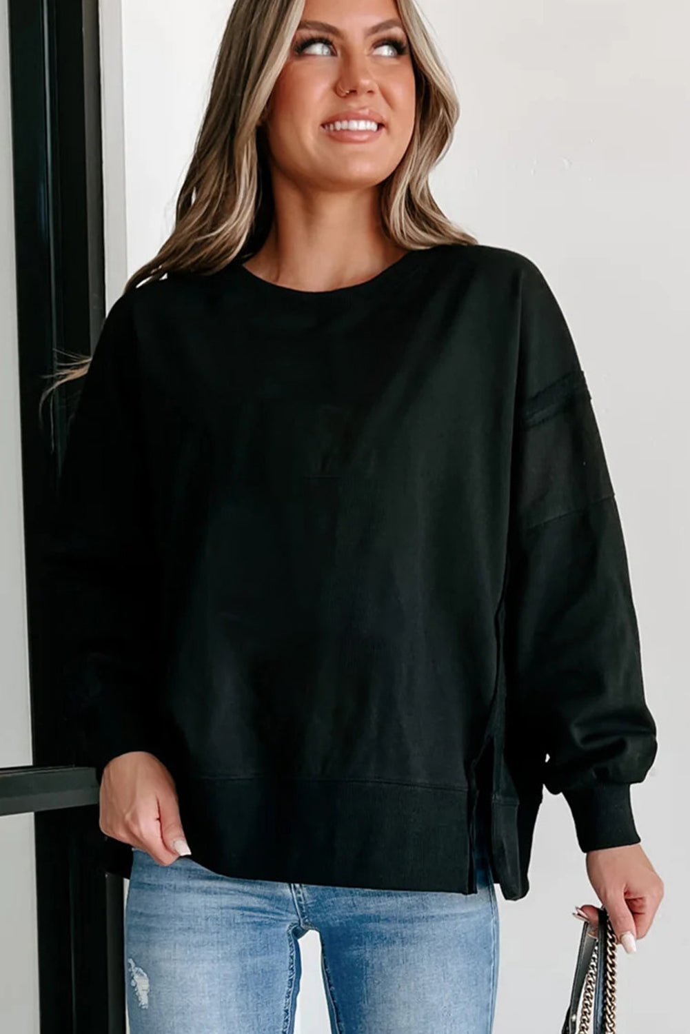 Carrot Exposed Seam Drop Shoulder Side Slit Sweatshirt