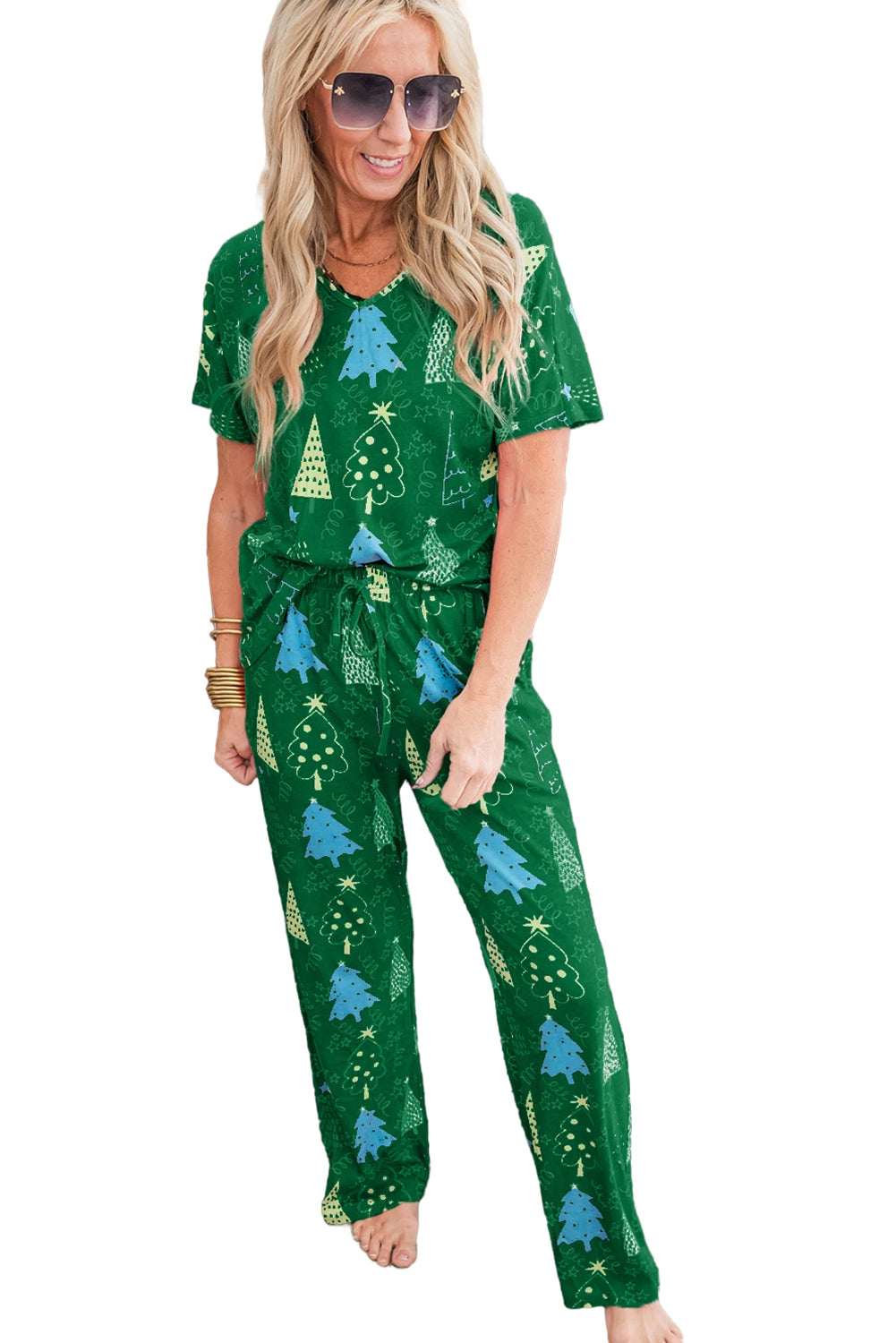 Green Christmas Tree Print V Neck Tee and Pants Pajama Set