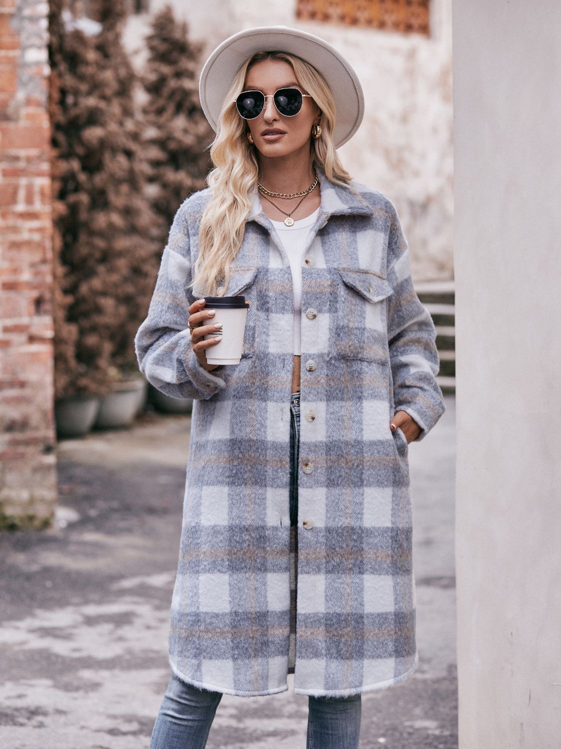 Mandy Plaid Dropped Shoulder Slit Coat