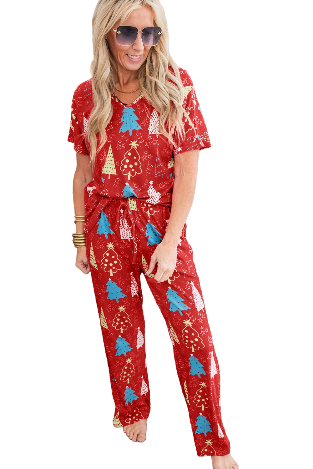 Green Christmas Tree Print V Neck Tee and Pants Pajama Set