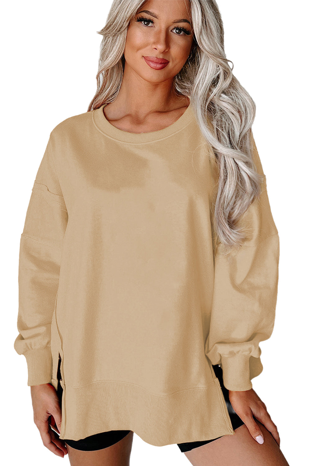 Carrot Exposed Seam Drop Shoulder Side Slit Sweatshirt