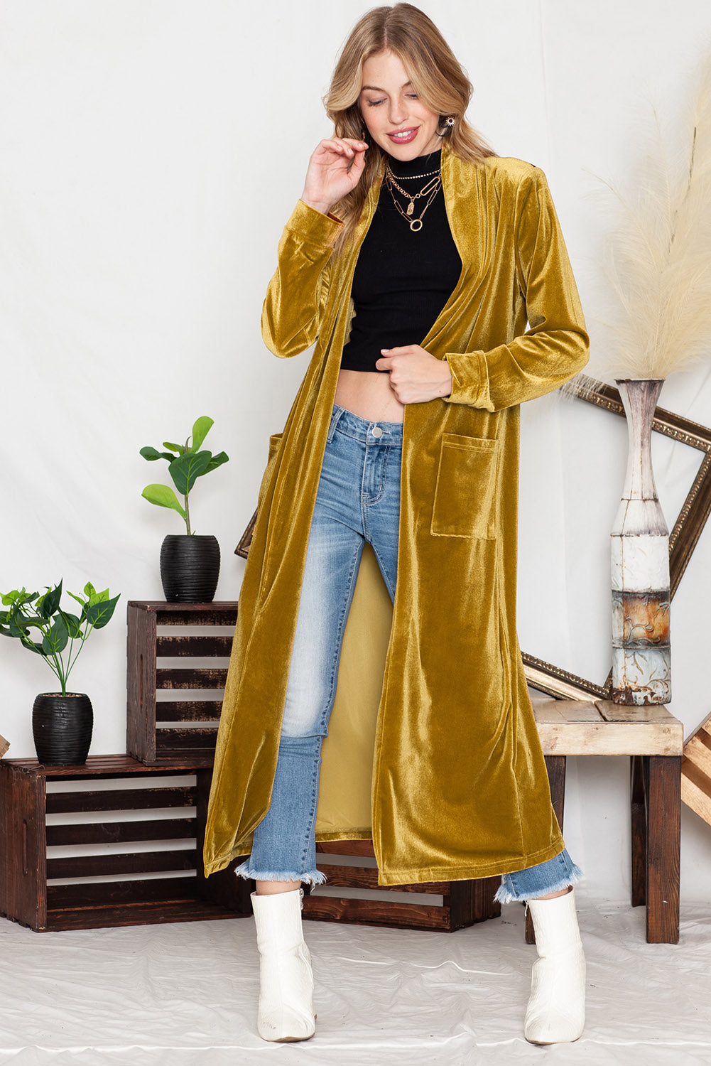 Desert Palm Pocket Open Front Long Cardigan